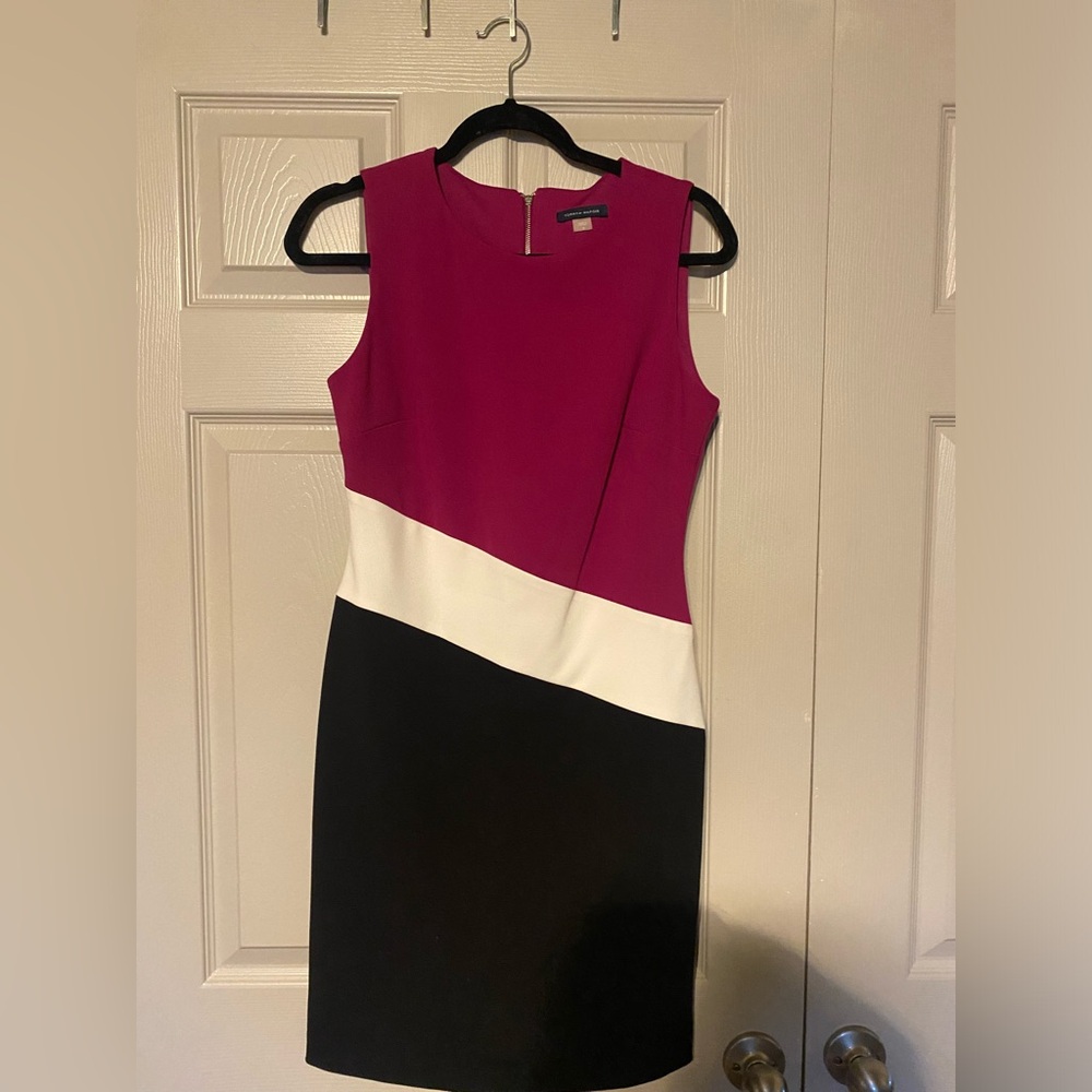 Tommy Hilfiger Magenta, White & Black Colorblock Midi Sheath Dress
